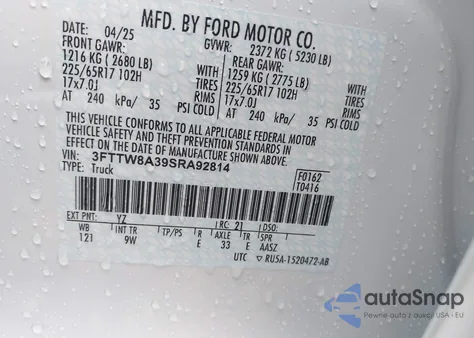 2025 Ford Maverick Xl z USA, uszkodzony, nr VIN 3FTTW8A39SRA92814